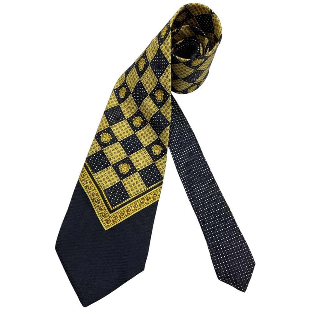 GIANNI VERSACE Black/Gold Geometric Monogram Medusa Silk LUXURY Tie